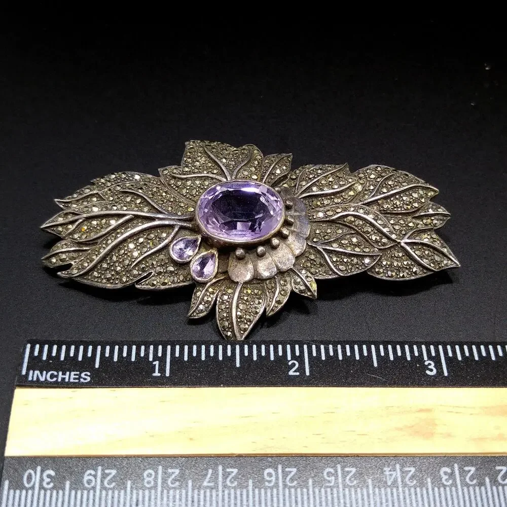 Amethyst Sterling Silver Marcasite Brooch, Artisan Made, 1950s Vintage Jewelry